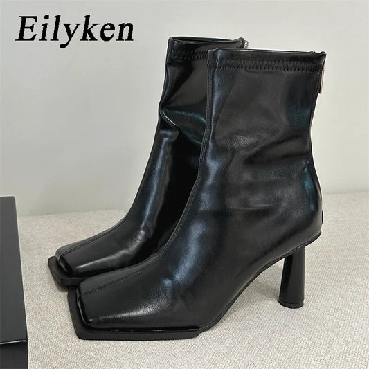 Eilyken automne confortable doux en cuir PU bottines femmes élégant bout carré talons aiguilles mode Zip dames fête chaussures modernes