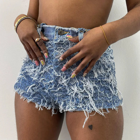 Women Tassel Denim Shorts Street Wear High Waisted Fringe Mini Bodycon Shorts Punk Lady Ripped Shorts Harajuku Cosplay Summer