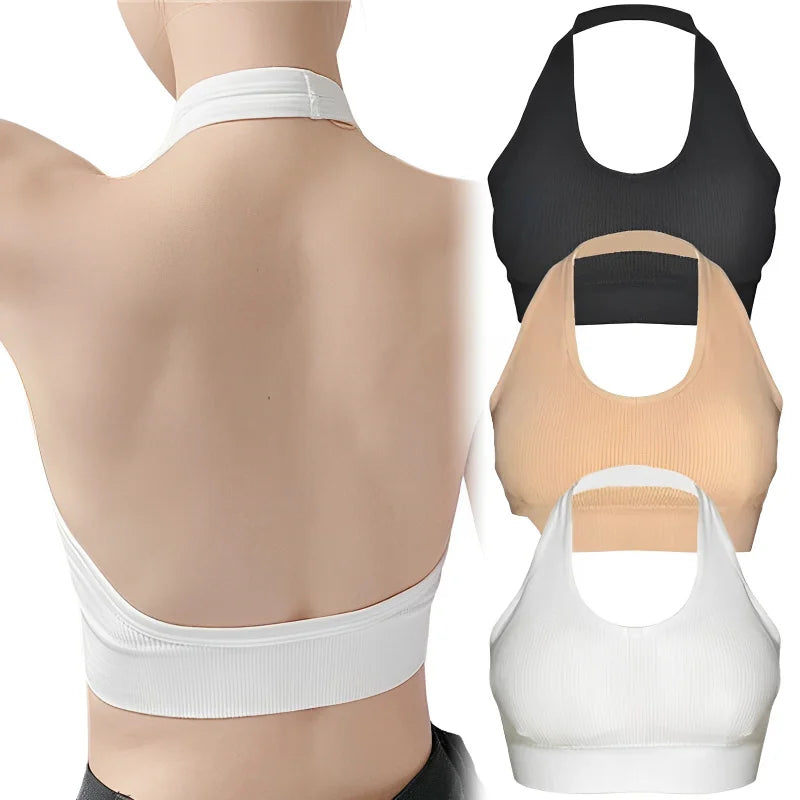 Women Backless Vest Sexy Bra Halter Wire Free Sport Bra Suspender Solid Lingerie Female Tops Beautiful Back Wire Free Sports Bra