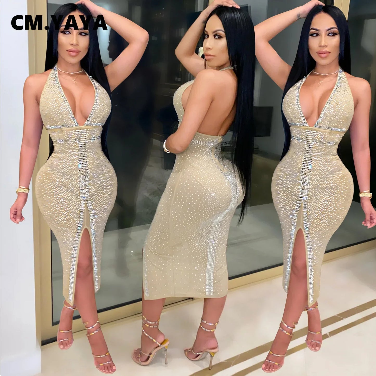 CM.YAYA Autumn Winter Women Dress Sexy Streetwear Strap Sleeveless Strapless Sequined Bandage Bodycon Night Club Dresses