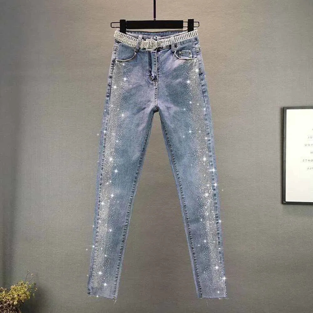 Spring Autumn Streetwear Women Vintage Blue Slim Diamonds High Waisted Jeans Ankle-length Denim Pants Trousers  5XL