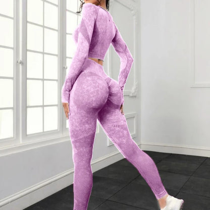 2 Piece Acid Wash Gym Set Women Seamless Long Sleeve Leggings Tracksuit Sports Fitness Suit Scrunch Workout Clothes Yoga Outfits