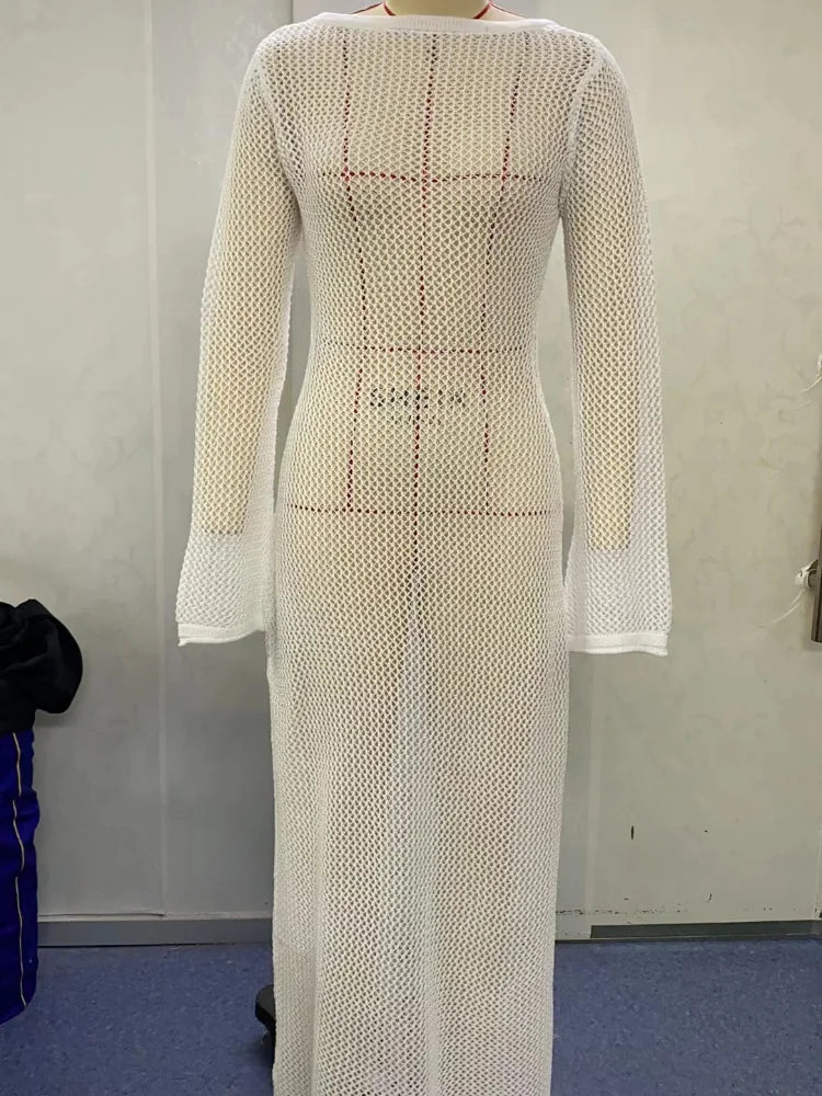 Robe de plage en tricot à manches longues pour femmes, Sexy, transparente, Slim, Maxi, élégante, couleur unie, dos nu, tenue de vacances, été, 2023