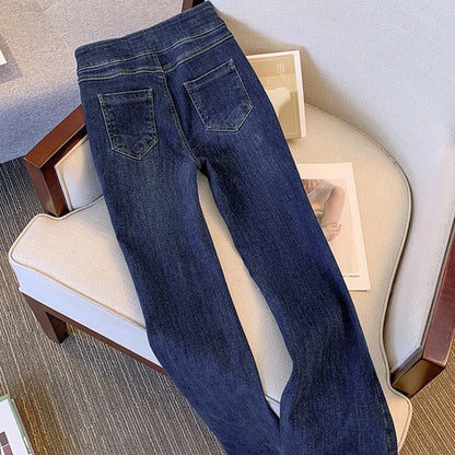 2023 เอวสูงหลายปุ่มโลหะแยก Flare ผู้หญิงกางเกงแฟชั่น Slim Chic DENIM กางเกงใหม่เกาหลีหลวมเสื้อผ้าผู้หญิง