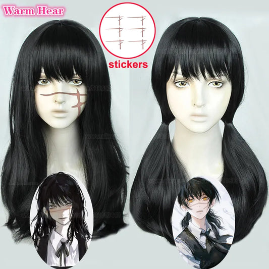 Mitaka Asa Wig Anime Chainsaw Man Black Long Cosplay Wig Two Styles Heat Resistant Synthetic Wigs Halloween Party Wigs + Wig Cap