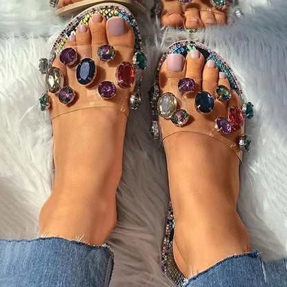 Summer Slides Women Flip Flops Fashion Slippers Gemstone Rhinestones Wild Diamond Flat with Transparent PVC Ladies Shoes