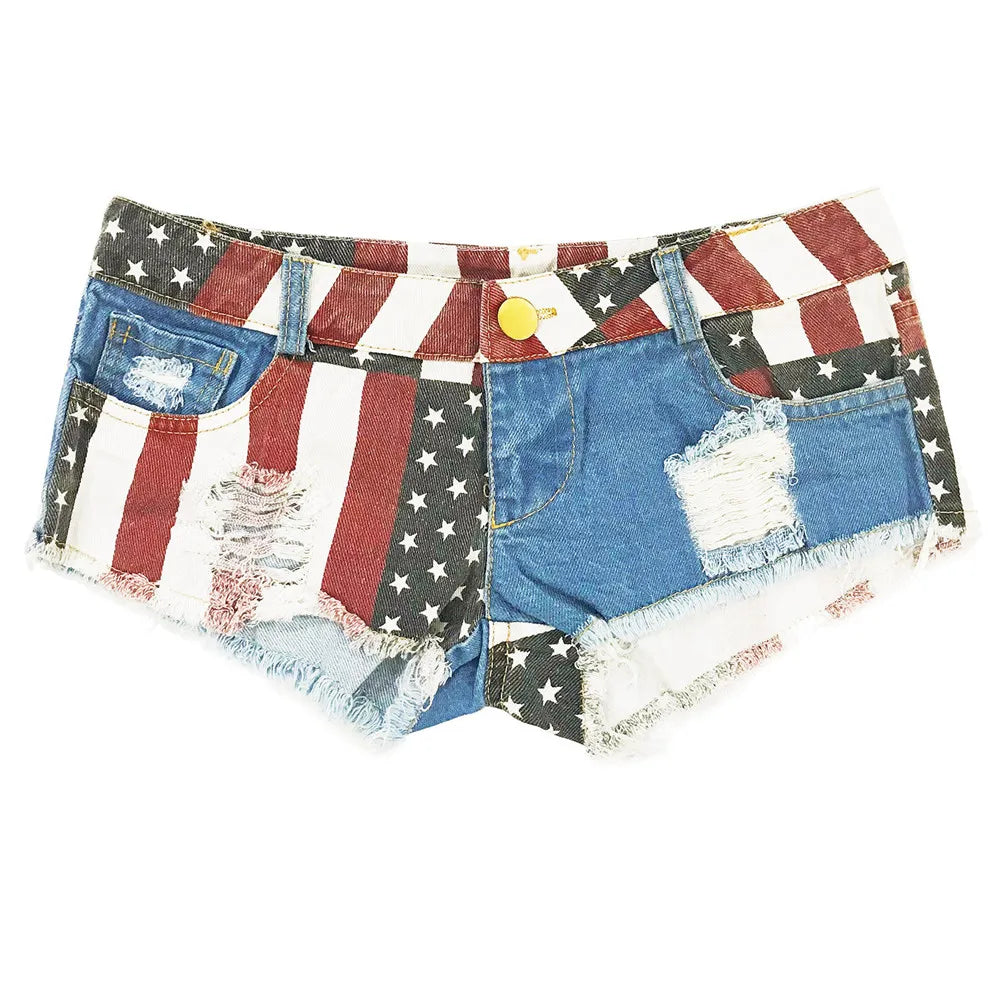 Summer Women Sexy Low Waist Rise Hot Pants American Flag Print Ripped Denim Shorts Jeans Fashion Mini Beach Clubwear Booty