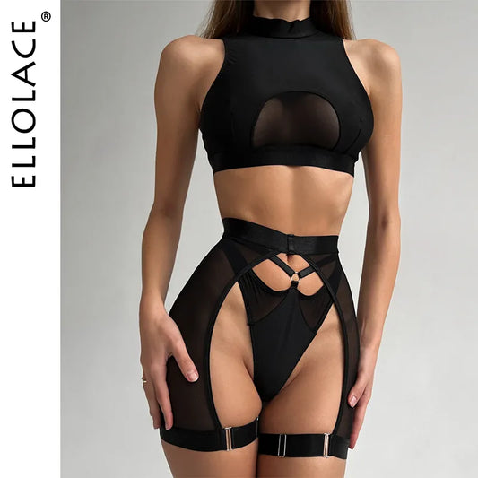 Ellolace ensemble de Lingerie Sexy femme 3 pièces gilet haut sous-vêtements sans couture porte-jarretelles ensemble string noir ensembles exotiques intimes