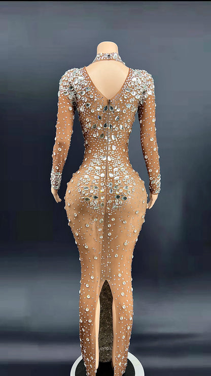 ZD Big Rhinestones Nude Transparent longth Dress Wedding Party Prom Birthday Celebration Crystals Stage Singer Host Mesh Dress