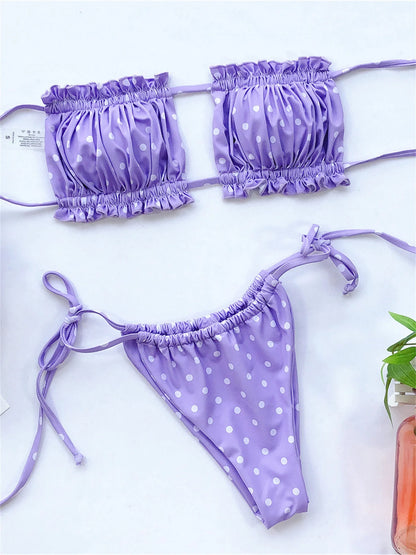 Elegant Purple Swimwear Women Off Shoulder Pleate Bikini Hollow Out Lace Up Push Up Bathing Suit Thong Swimsuit Bañadores 2022