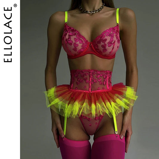 Ellolace Ruffle Heart Lingerie Sissy Érotique Sous-vêtements sans couture Fée Luxe Intime Jarretière Ceinture Valentine Contraste Couleur Tenue