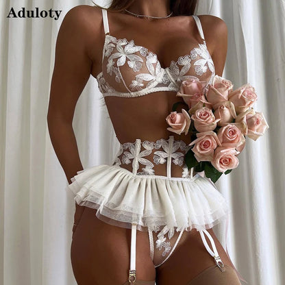 Aduloty Women's Sexy Underwear Set Gauze Skirt Ruffle Puffy Skirt Garter Belt Tight Erotic Lingerie Thin Bra Three-Piece Suit