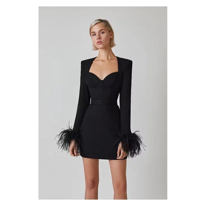 Lady Sexy Strapless Mini Bodycon Bandage Dress Black Feather Long Sleeve 2022 Autumn New Women Party Celebrity Club Dresses