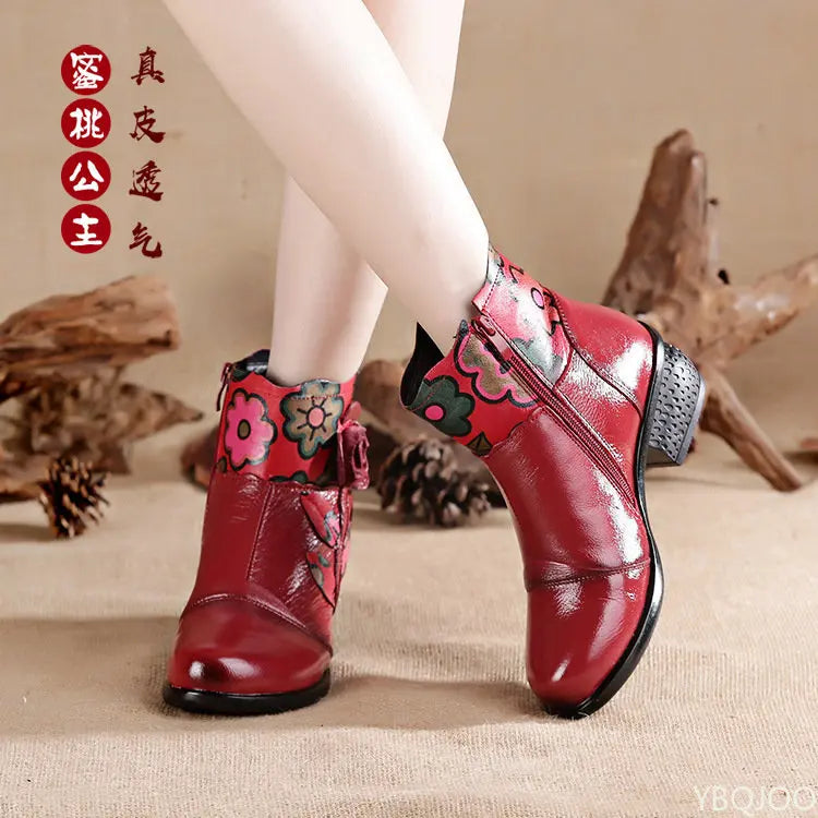 Retro Bohemian Women Boots Printed Genuine Leather Ankle Boots Vintage Motorcycle Booties Ladies Shoes Woman 2022