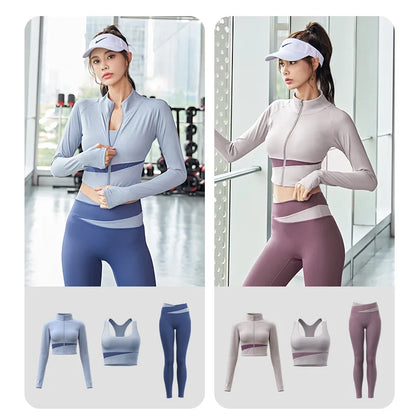 Women Yoga Patchwork 3 Piece Set Fitness Gym Coats+Bra+Leggings Workout Running Sportswear Clothing Tracksuit Ensemble Femme