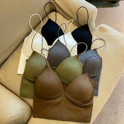 Ladies Camisole Slim Fit Sexy Stretch Push Up Bra with Chest Pads Knitted Crop Top Short Tube Top V-Neck Tops Bralette Hot Sale