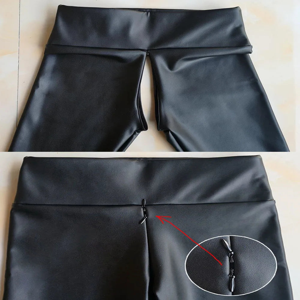 Erotic Woman Open Crotch Leather Panties Flash PU Crotchless Leggings with Hidden Zipper Couple Outdoor Sex Pants Club Dancewear