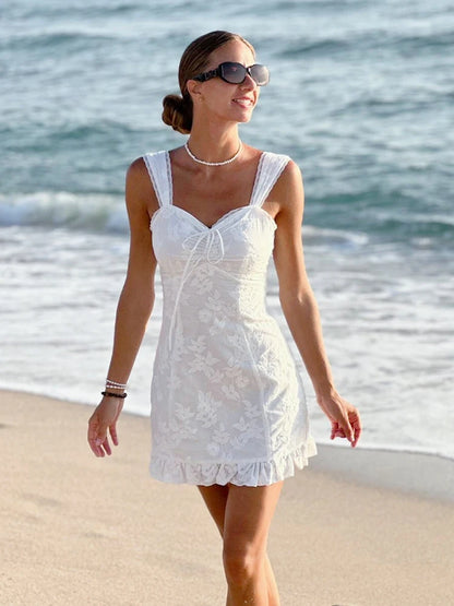 Suninheart – robe trapèze en dentelle blanche brodée pour femme, tenue Sexy, Mini à volants, tenue de soirée, de vacances, de haute qualité, nouvelle collection été 2023