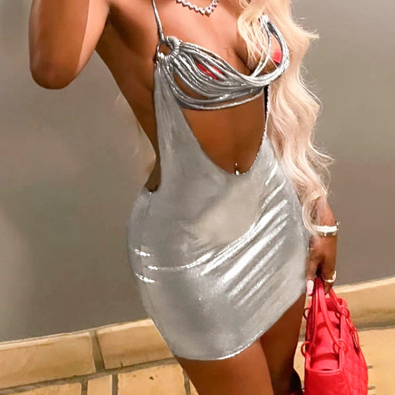 Sexy Halter Backless Candy Color Bodycon Mini Dress Women Cut Out Glitter Night Club Short Vestido 2024Spring Summer Y2K Clothes