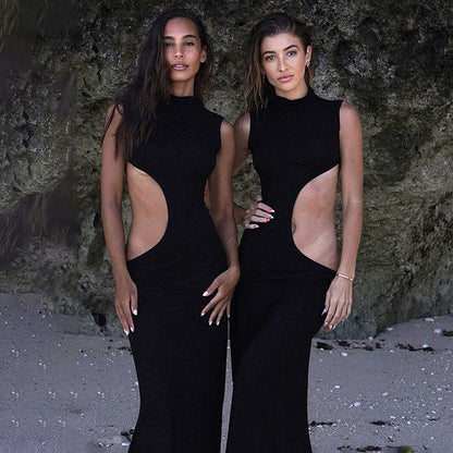 Black Hollow Out Long Dress Women Sleevele Bodycon Sexy Maxi Evening Party Dresses Slim Cut Out 2023 Elegant Fashion Clubwear