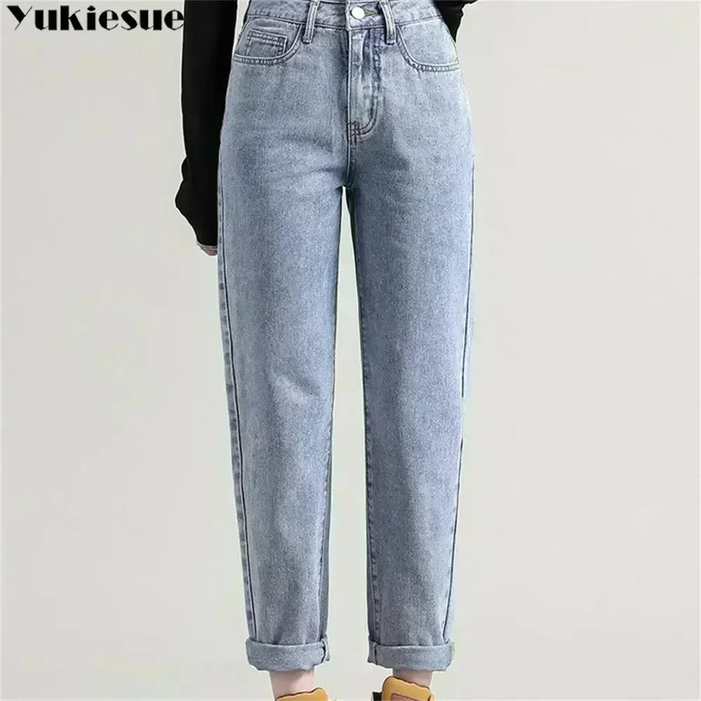 ฤดูหนาวใหม่ WARM DENIM Haren กางเกง FashionHarajuku Casual Thicken WARM High เอวกางเกงตรง Jean ขนแกะ VINTAGE ผู้หญิงกำมะหยี่