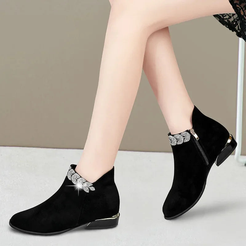 2023 Boots Women ladies Faux Suede New Autumn And Winter Leaf Rhinestone Short Boots Low Heel Botas Mujer Large Size