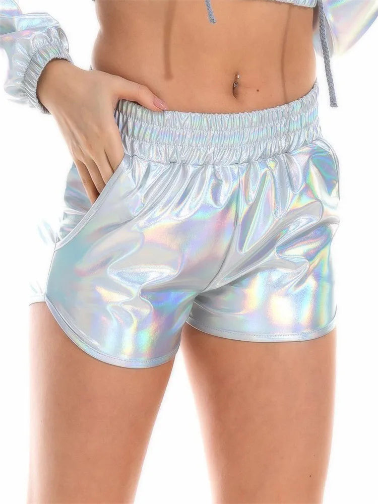 YRRETY Fashion Women High Waist Shorts Shiny Metallic Leg Gold Silver Fashion Night Club Dancing Wear Sexy Shorts Workout Party