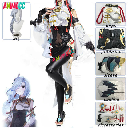 ANIMECC GenshinImpact Shenhe Cosplay Embroidery Outfit Shoes Braided Wigs Game Sexy Women Jumpsuit Dress Cosplay Costume Girl