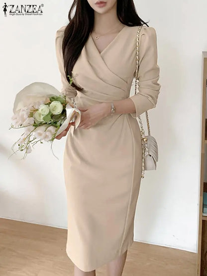 ZANZEA Fashion Bodycorn Dress Spring V-Neck Long Sleeve Sundress Solid Color Pleated Midi Robe Female Elegant Sexy Vestidos 2023