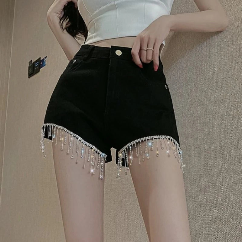 Short Pants for Woman To Wear Sequin Skinny Fringe Tight Mini Sexy Cotton Booty Women's Shorts Black with Rhinestones Design XL