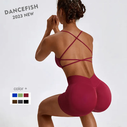 DANCEFISH 2023 ผู้หญิงไม่มีรอยต่อความงามกลับ Active Suit แห้งเร็วกีฬาฟิตเนสเสื้อผ้าวิ่งทุกวันขี่โยคะสวมใส่