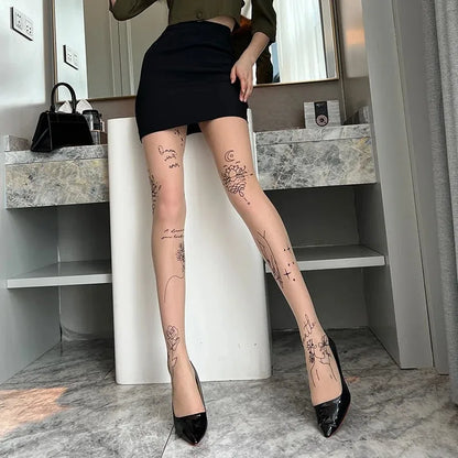 Women Sexy Tights with Patterned Tattoos Pantyhose Inscriptions Flower Letter Ladies Thin Long Black Stockings