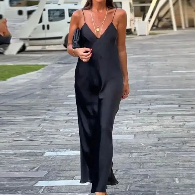 2023 New Fashion Spaghetti Straps Slip Dresses Black Satin Long Dress Summer Party Backless Sexy Silk Lady Dress