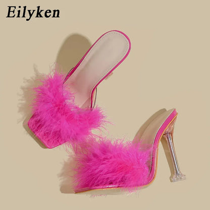 Eilyken 2024 ใหม่ PVC รองเท้ารองเท้าแตะผู้หญิง Feather โปร่งใสรองเท้าส้นสูงขนสัตว์ปั๊มสแควร์ Toe Mules Lady สไลด์