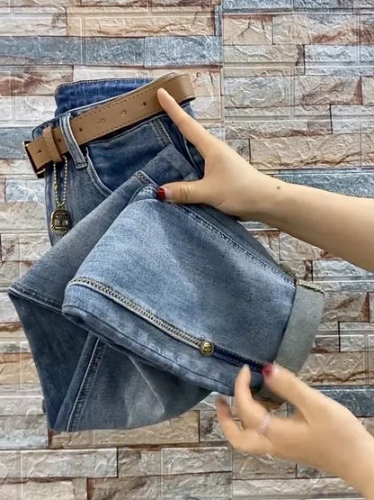 2023 NEW Spring Autumn High Waist Straight Jeans Loose Fit Stretch Haren Denim Pants Ladies Ankle-Length Jeans Pants