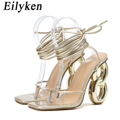 Eilyken Sexy cheville sangle croisée sandales femmes été Banquet mode bout ouvert Club décapant conception Fretwork talons dames chaussures