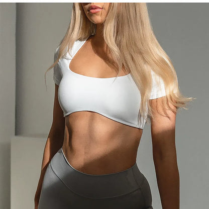 2023ฟิตเนสBraแขนสั้นกันกระแทกกีฬาโค้งHemโยคะเสื้อSlim Fit Crop Top Run Gymเสื้อผู้หญิงActive Wear