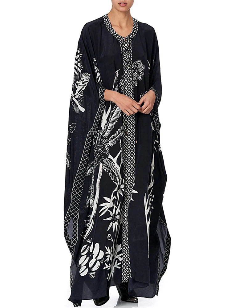 Plage ample couvrir Boho femmes robe noir imprimé vêtements de plage femmes décontracté robe ample paréo caftan robe Bikini couverture