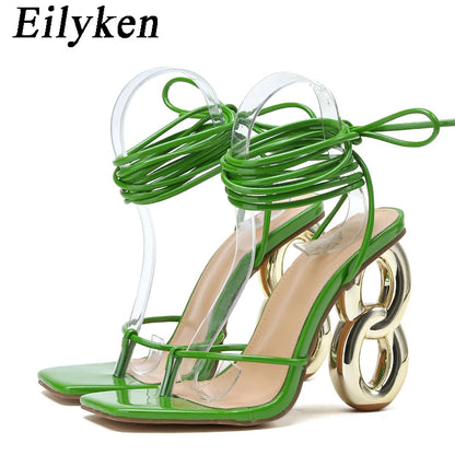 Eilyken Sexy cheville sangle croisée sandales femmes été Banquet mode bout ouvert Club décapant conception Fretwork talons dames chaussures