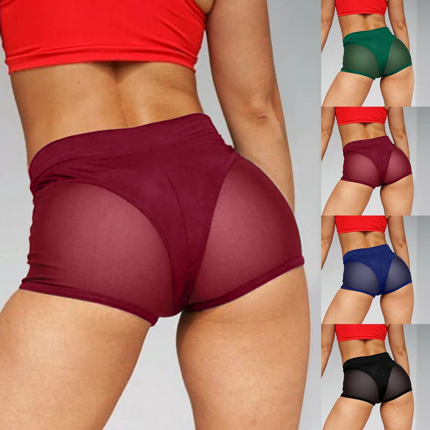 Women Sexy High Waist Workout Fitness Shorts Female Dance Shorts See-through Mesh Patchwork Mature Pole Dancing Clubwear Panties