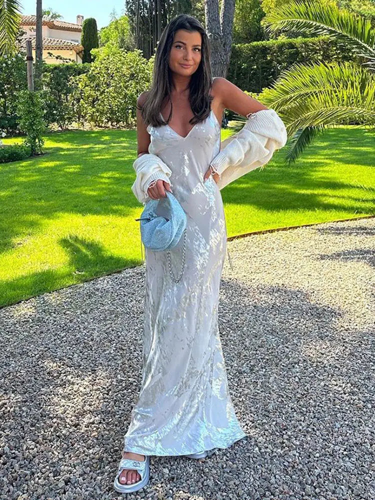 Elegant Satin Printed Women's Chain Sling Maxi Dress Sexy V-necked Off Back Sleveless Vestidos 2023 Summer Lady Party Chic Robes