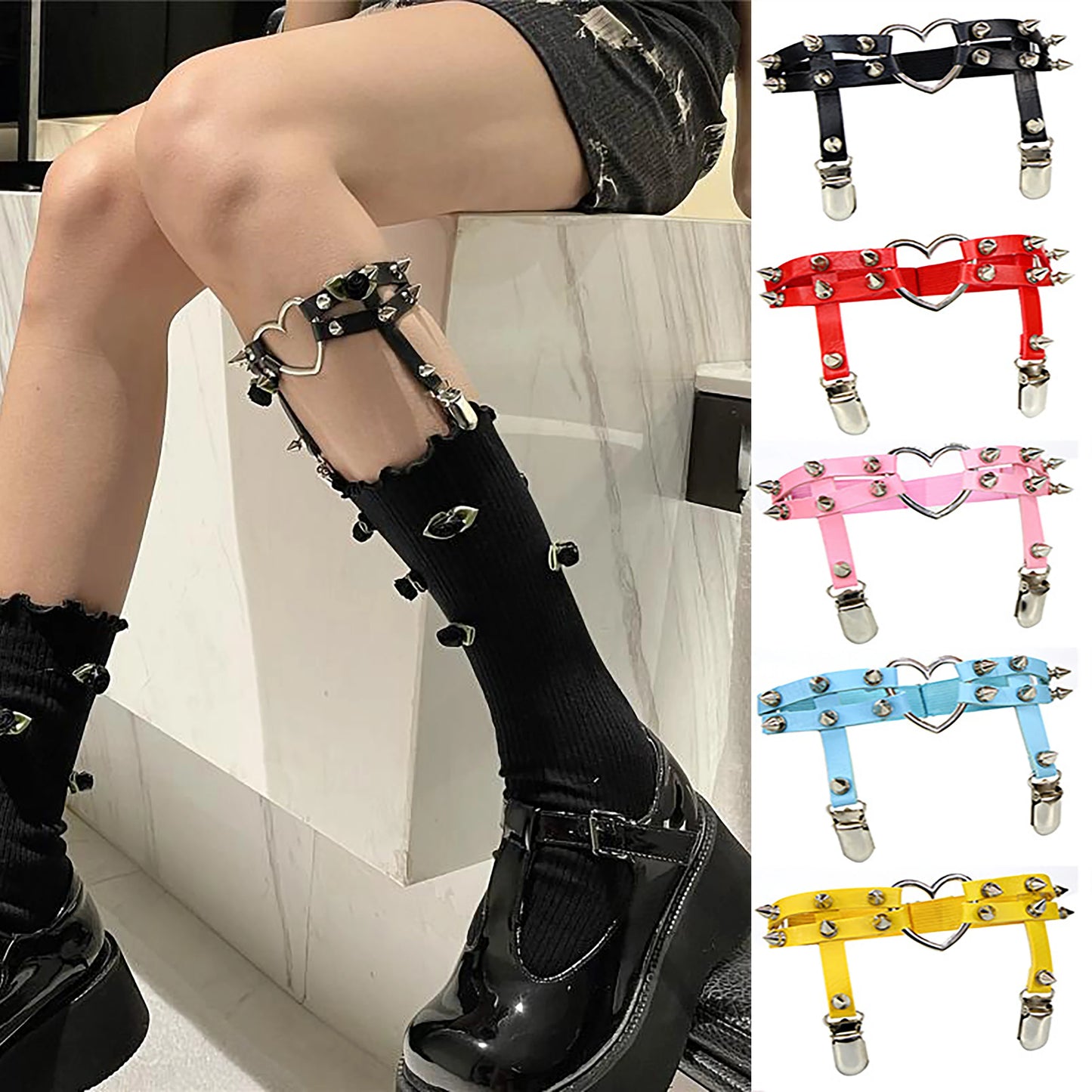 1PC ผู้หญิงเซ็กซี่ Garter เข็มขัด Rivets แหวนขา Rock Pub Punk Goth หัวใจ PU หนัง Garter Suspender ถุงน่องเซ็กซี่ Garters