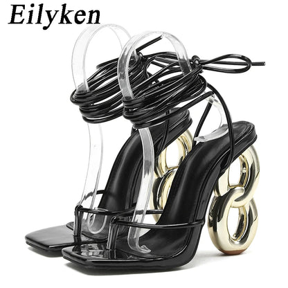 Eilyken Sexy cheville sangle croisée sandales femmes été Banquet mode bout ouvert Club décapant conception Fretwork talons dames chaussures