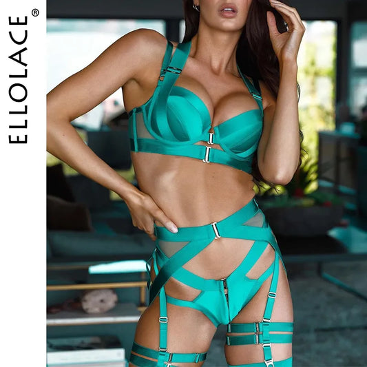 Ellolace Lingerie Sexy sous-vêtements fantaisie porte-jarretelles érotique 4 pièces produits intimes soutien-gorge licou avec nœud ensembles de slips exotiques séduisants