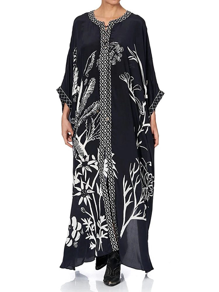 Plage ample couvrir Boho femmes robe noir imprimé vêtements de plage femmes décontracté robe ample paréo caftan robe Bikini couverture