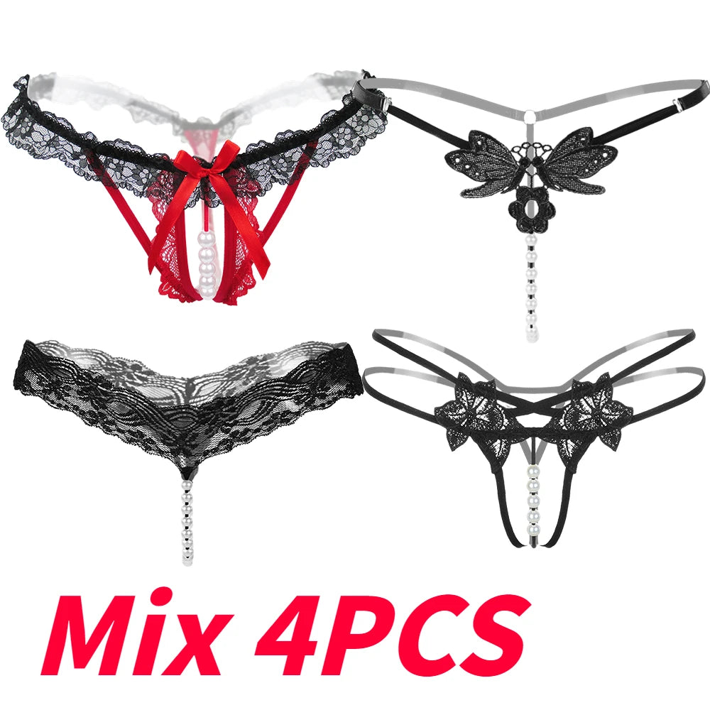 Mélange de 4 pièces de lingerie noire pour femmes, Sexy, dentelle florale, tongs ajourées, culottes pour femmes, perles, string, t-back, Transparent