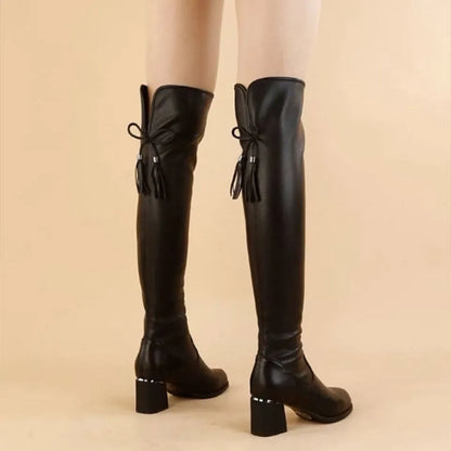 2023 Women Leather Elastic Boots Ladies Plush Long Boot Autumn Winter Thick Heels Over The Knee Boots Slip on Knight Botas