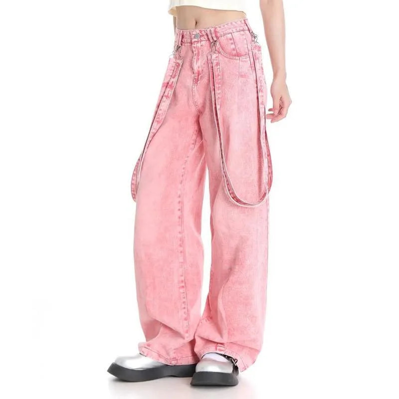 Pink Baggy Cargo Pants Y2K Women High Waist Wide Leg Jeans Hip Hop Vintage Straight Denim Trousers Harajuku Oversized Overalls