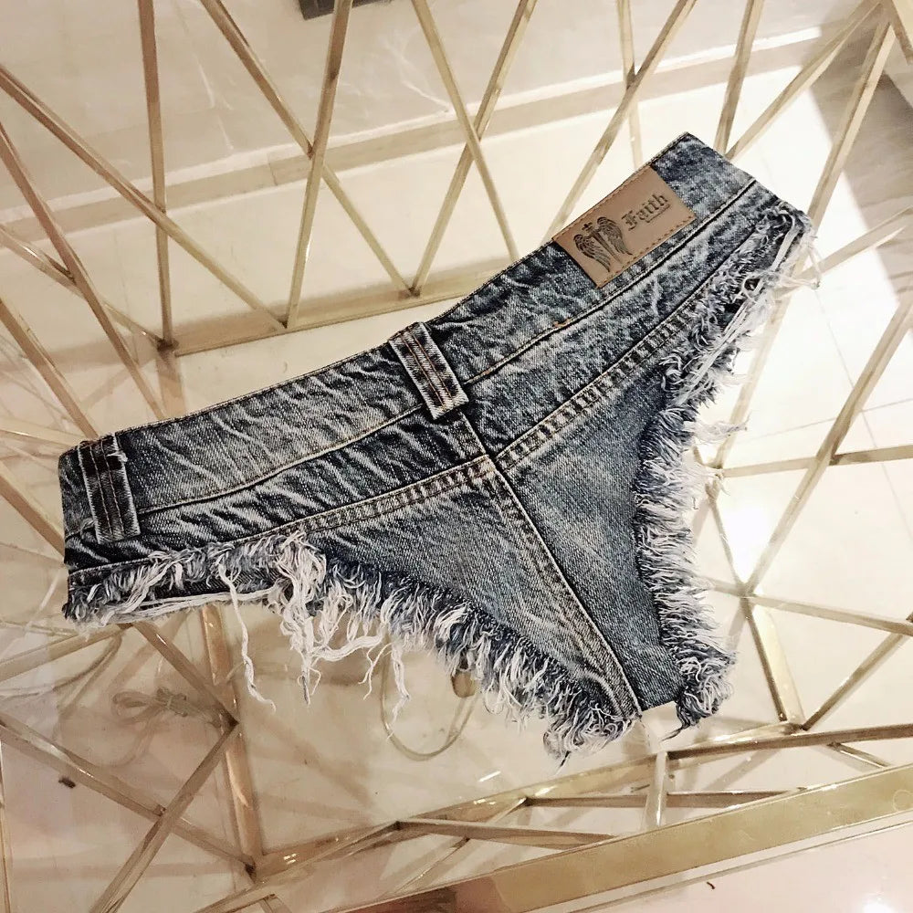 Qisin 2023 New Women Sexy Low Waist Hole Tassel Denim Shorts Jeans Thong Short Feminino