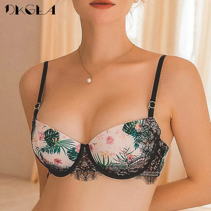 Classic Black Underwear Set Sexy Bras Printing Fashion Push Up Bra Panties Sets Thick Cotton Brassiere Lace Women Lingerie Set